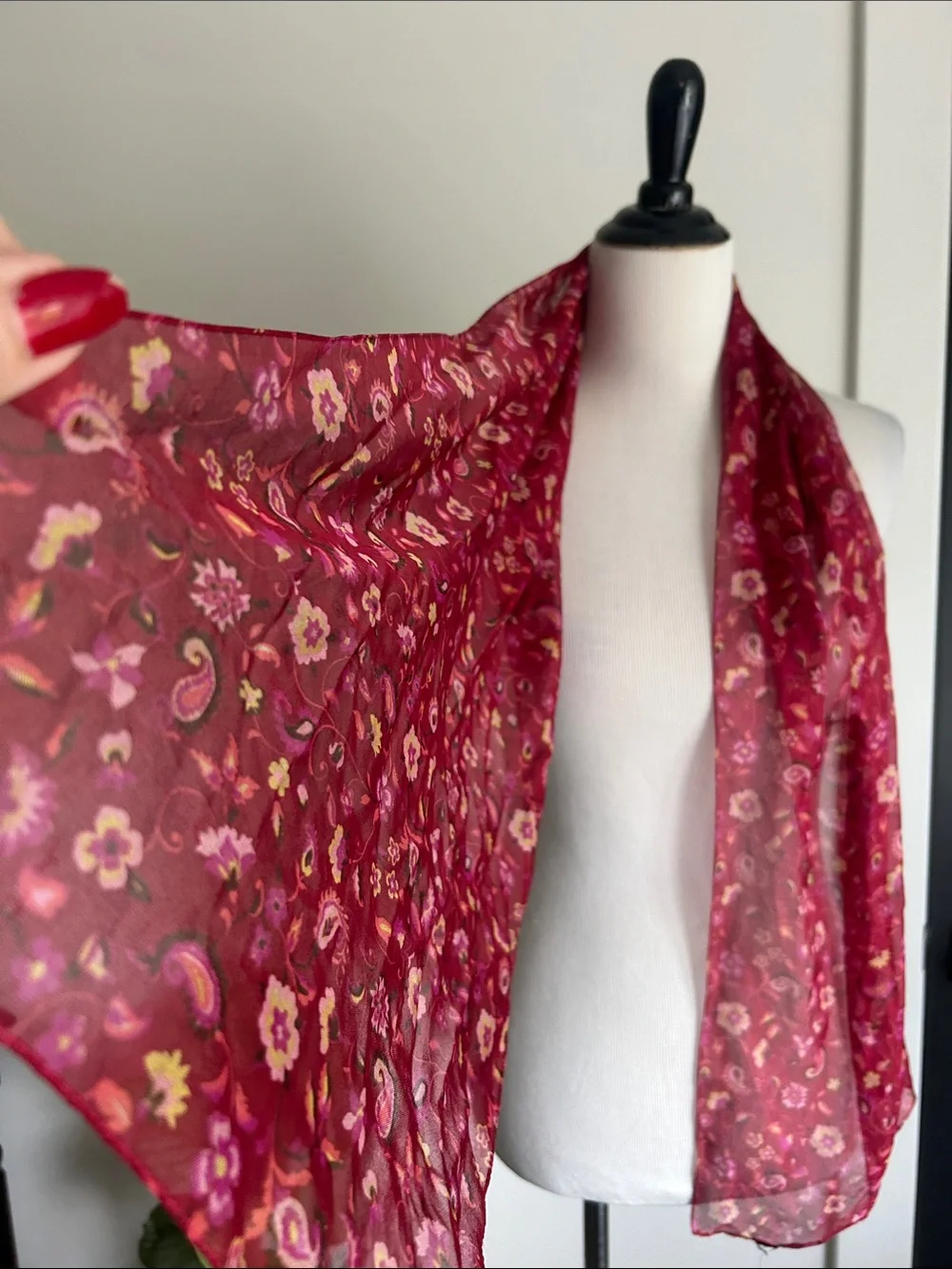 Sheer Floral burgundy Red fuchsia gold Scarf  Lightweight sash belt